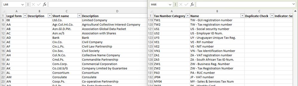 Excel files in the content Pack with legal form (left) and tax number (right) metadata