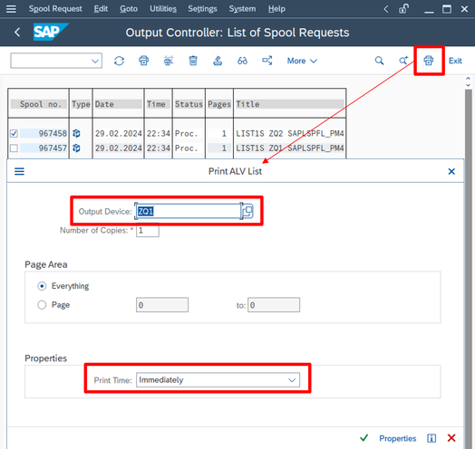 fig.2 Screenshot of test print from SAP transaction SP02