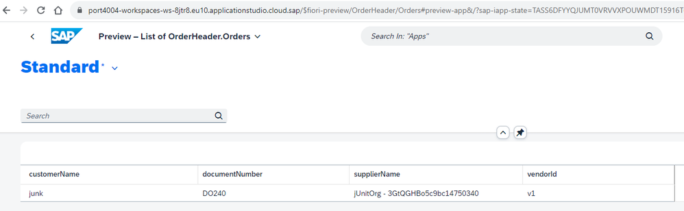 Fiori preview of the OrderHeader service and entity Orders.