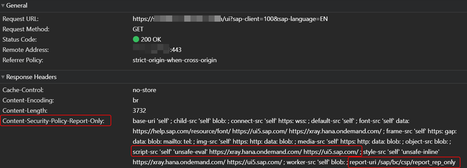 Response header with report-only CSP. Highlighted: trusted sources for scripts and the reporting endpoint