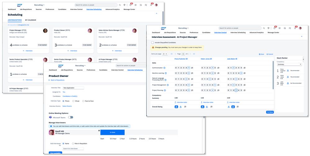 Figure 8: Three screens for interview scheduling from the re-imagined recruiter experience, showcasing the Horizon visual theme. Top left you see the overview of job requisitions; in the middle, the UI for scheduling an interview including other interviewers; on the right, the interview assessment of the interviewed candidates.