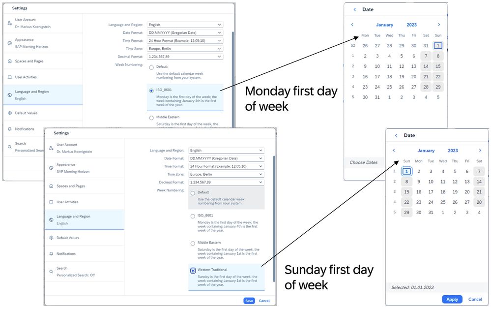 Figure 12: Calendar week handling via the SAP Fiori launchpad user settings.