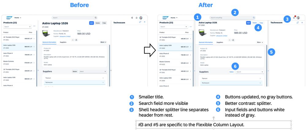 Figure 14: A summary of the updates to the Horizon visual theme, using the Flexible Column Layout pattern as an example to show what it used to look like before the update and what it now looks like after the update.