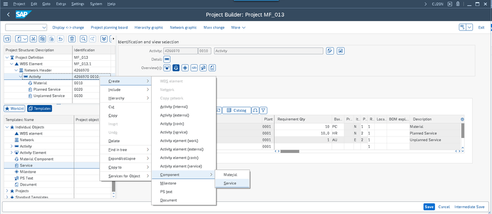 Figure 3: Some options to create service items in the Project Builder
