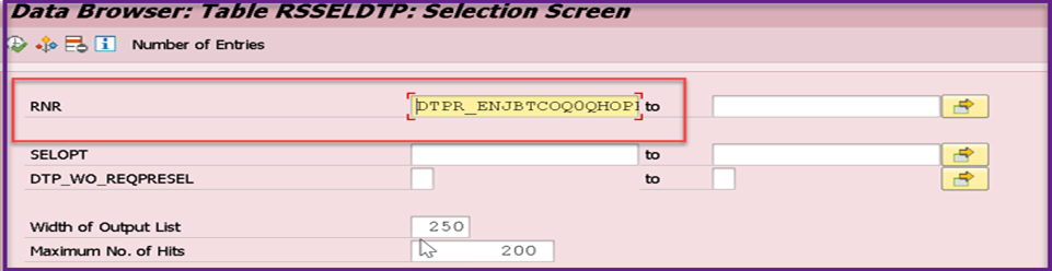 Screenshot3: Initial screen & input to the table RSSELDTP