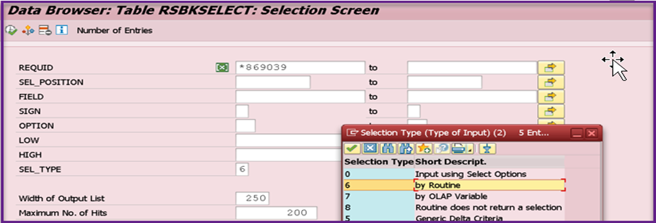 Screenshot7: Initial screen & input to the table RSBKSELECT