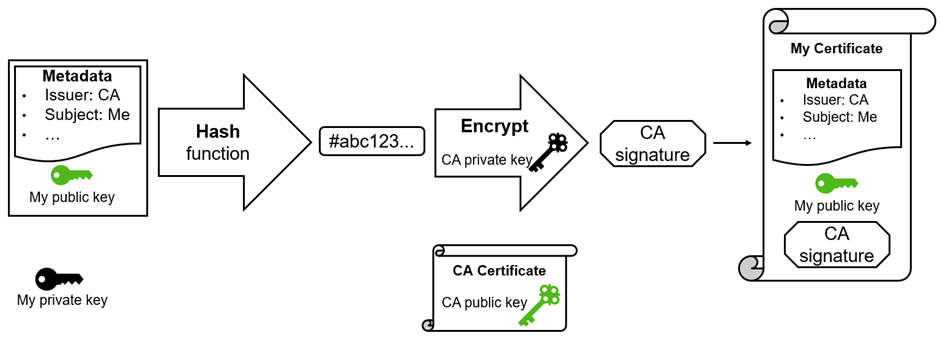 Creation of a certificate from public key and metadata by a CA